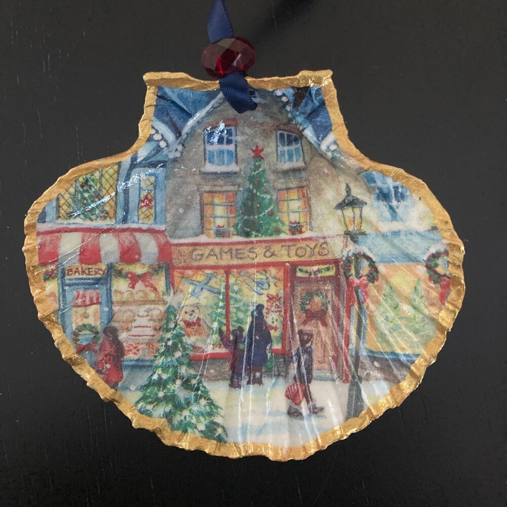 Handmade Vintage Village Christmas Ornament - Decoupaged Scallop Shell